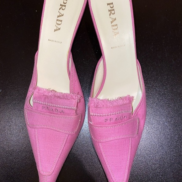 Prada pink kitten heel mule slides fringe detail - Picture 2 of 5
